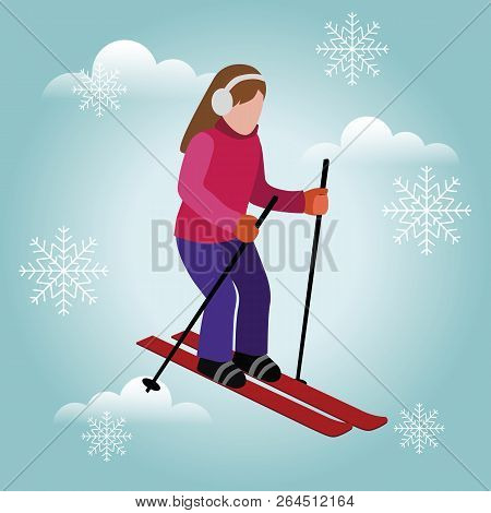 Isometric Isolated Woman Skiing. Cross Country Skiing, Winter Sport. Olimpic Games, Recreation Lifes