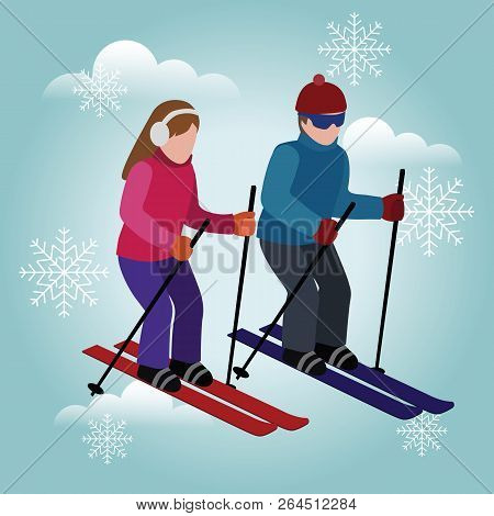Isometric Isolated Man And Woman Skiing. Happy Couple Loves Skiing. Cross Country Skiing, Winter Spo