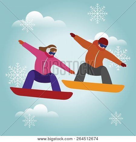 Isometric Isolated Vector Man And Woman Snowboarder. Urban Style And Hot Tricks In Park. Snowboardin