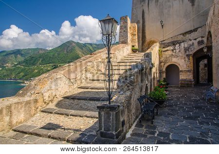Courtyard Old Medieval Castle Castello Ruffo, Scilla, Italy