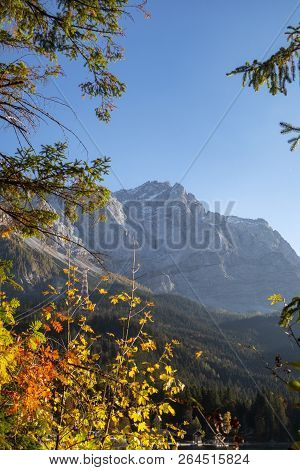 Zugspitze Seen From The Eibsee In Fall