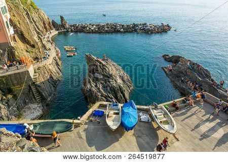 Riomaggiore, Italy - April 29: Traditional Coastal Town Of Riomaggiore, On April 29 2018 In Riomaggi
