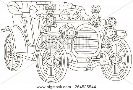 Funny Old Toy Vintage Car, Black And White Vector Illustration In A Cartoon Style For A Coloring Boo