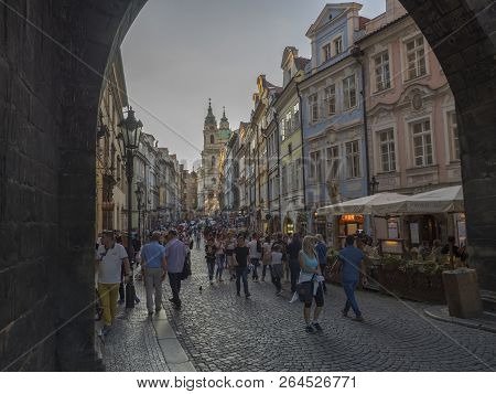 Czech Republic, Prague , September 8, 2018: View From Charles Bridge On Mostecka Street From Arc Of 