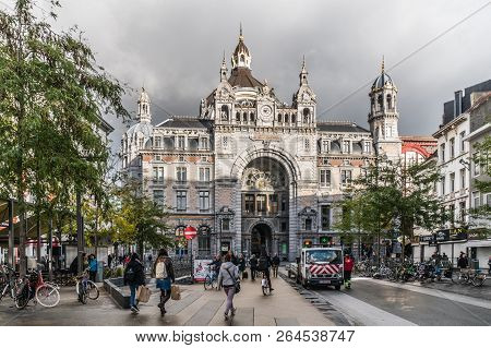 Antwerp, Belgium - 2018-10-01: The Monumental Main Building  Of Antwerp Central Railway Station (als