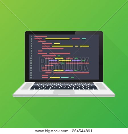 Vector Laptop Coding Concept. Web Developer, Design, Programming. Laptop Screen Code. Vector Stock I