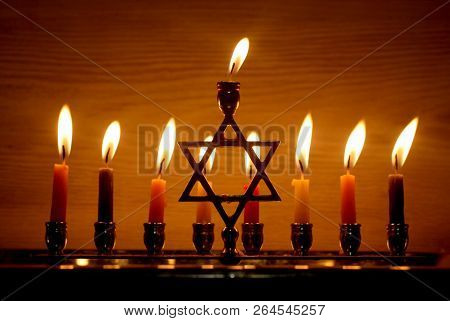 Hanukkah Is A Jewish Holiday. Burning Chanukah Candlestick With Candles. Chanukiah Menorah.