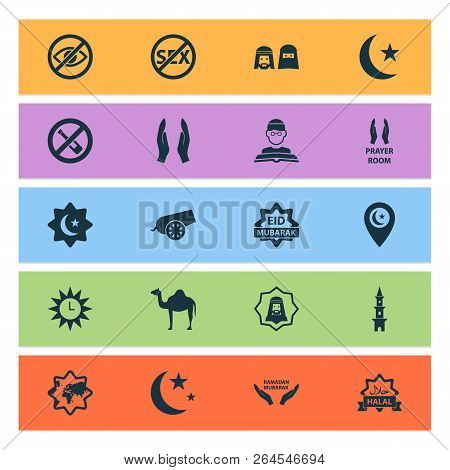 Religion Icons Set With Bomb, Moon, Isha And Other Mubarak  Elements. Isolated  Illustration Religio