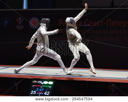 ST. PETERSBURG, RUSSIA - MAY 6, 2018: Final match USA vs Italy during Fencing World Cup Saint-Petersburg Foil. This annual tournament is hold in 44th time