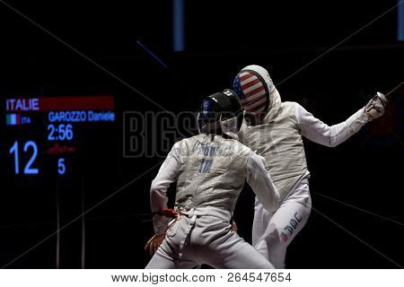 ST. PETERSBURG, RUSSIA - MAY 6, 2018: Final match USA vs Italy during Fencing World Cup Saint-Petersburg Foil. This annual tournament is hold in 44th time
