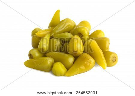 Marinated Chili Peppers On A White Background. A Few Pickled Chili Peppers Close-up Isolated On A Wh