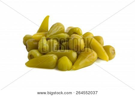 Marinated Chili Peppers On A White Background. A Few Pickled Chili Peppers Close-up Isolated On A Wh
