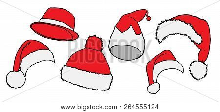 Christmas Santa Claus Hats Set. New Year Red Hat Isolated On White Background. Vector Illustration.