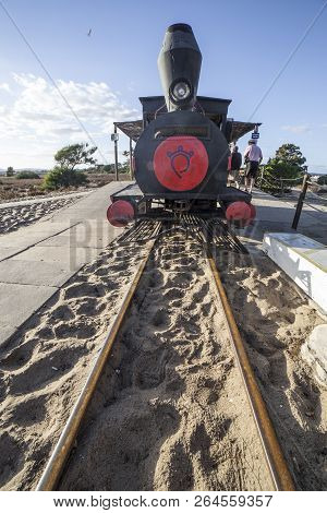Tavira, Portugal - October 14th, 2018:  Mini-train Engine At Barril Beach That Transports Visitors F