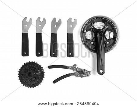 Set Of Different Bicycle Tools And Parts On White Background, Flat Lay