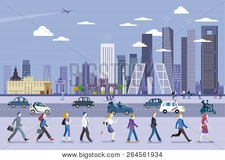 Madrid Street With People Walking And The Skyline At The Background With The Tallest Four Towers. Fl