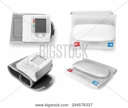 Set With Blood Pressure Meters On White Background. Medical Objects