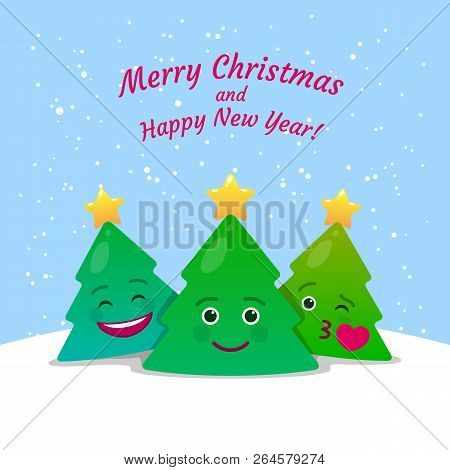 Merry Christmas And Happy New Year Greeting Card. Xmas Congratulation Postcard In Cartoon Style. Hap
