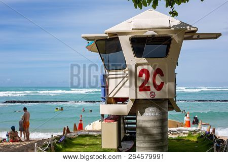The Iconic 2c Lifeguard Tower At Waikiki Beach Honolulu Hawaii On A Sunny Day On The 5th October 201