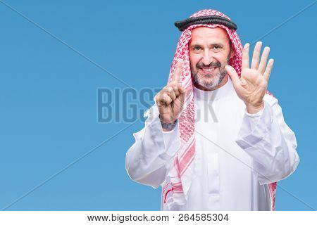 Senior arab man wearing keffiyeh over isolated background showing and pointing up with fingers number six while smiling confident and happy.