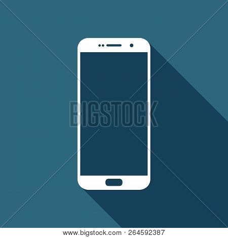 Sellphone Icon. White Flat Icon With Long Shadow On Background