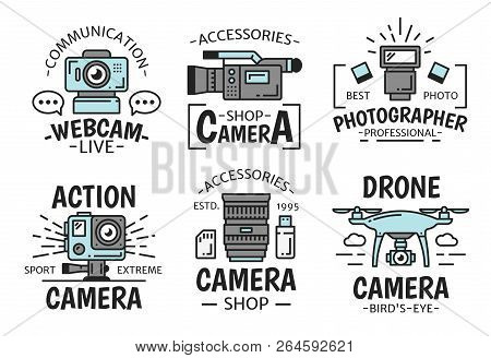 Video And Photo Camera Technology Equipment And Devices. Digital, Video And Action Camera, Drone, We