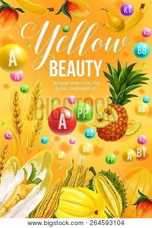 Color Diet Poster With Yellow Food Ingredients And Vitamin Supplements. Corn Vegetable, Tropical Man