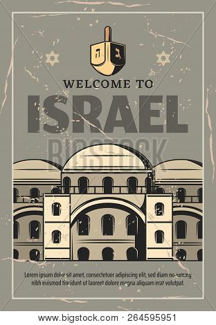 Welcome To Israel Retro Poster, Avel And Religious Tourism Theme. Buildings Of Old Synagogue, Chitec