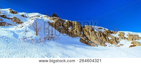 Long Panorama Of Snow Mountain On A Frosty Sunny Day, Ai-petri, Crimea Russia