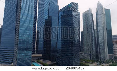 Singapore - August, 2018: Top View Of Panoramic Scene Of Day Of Majestic Cityscape With Modern New B