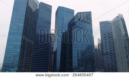 Singapore - August, 2018: Top View Of Panoramic Scene Of Day Of Majestic Cityscape With Modern New B