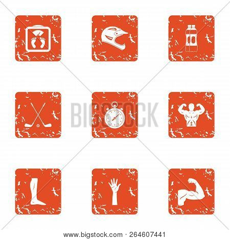 Strengthen Body Icons Set. Grunge Set Of 9 Strengthen Body Vector Icons For Web Isolated On White Ba