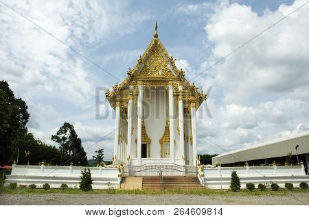 Exterior Ubosot Of Beautiful Thai Temple In Rayong, Thailand