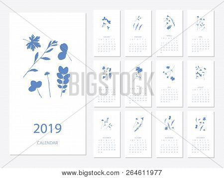 Vector Of 2019 New Year Calendar With Plants On Cyanotype Texture. Holiday Event Planner. Week Start