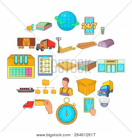 Warehouse Icons Set. Cartoon Set Of 25 Warehouse Vector Icons For Web Isolated On White Background