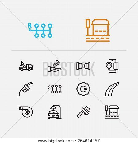 Auto Icons Set. Safe Travel And Auto Icons With Gear Logo, Mobile Payment And Bus Stop. Set Of Mecha