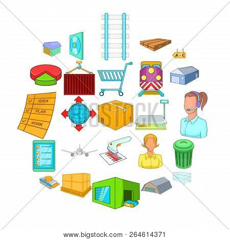 Large Warehouse Icons Set. Cartoon Set Of 25 Large Warehouse Vector Icons For Web Isolated On White 