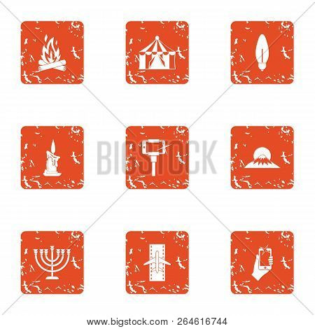 Mountainous Region Icons Set. Grunge Set Of 9 Mountainous Region Vector Icons For Web Isolated On Wh