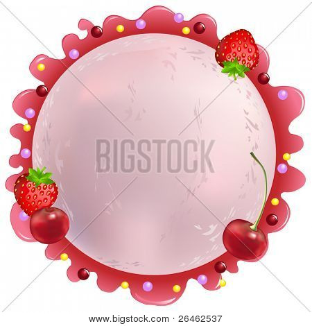 Roze ijsje bal met Cherry en aardbei, geïsoleerd op wit