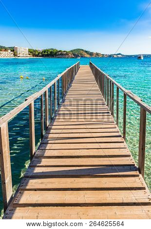 Spain Majorca Island, Pier At The Coast Of Paguera, Balearic Islands, Mediterranean Sea