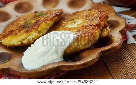 Draniki, Potato Fritters, Belarusian  Cuisine, Traditional Assorted Dishes, Top View.