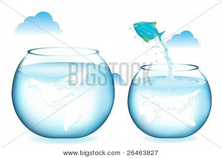 블루 피쉬 흰색 절연 다른 글로브 수족관에 점프