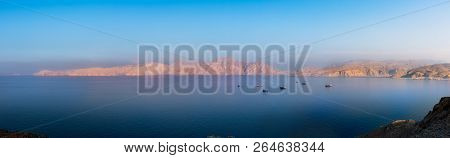 Panorama Of Idylic Sunset Over Fjords Near Khasab In Oman