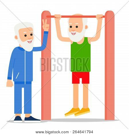 Elderly Man Pulls Up Exercising. One Senior Doing Pull-ups, Another Man Stands Beside And Controls E