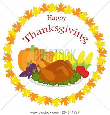 Round Happy Thanksgiving Vector Illustration Including Turkey