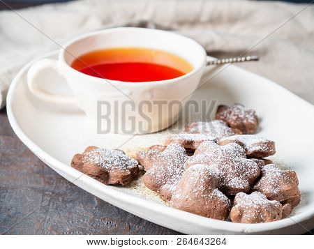 Winter Holiday Composition, Side View, Copy Space, Gray Blue Background. Tea, Flax Cookies With Cinn
