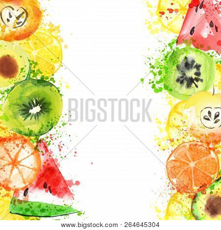 Fresh Fruit Watercolor Banner. Watercolored Apple, Citruses, Avocado And Qiwi In One Banner With Spl