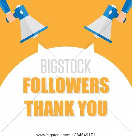 Male Hand Holding Megaphone With 3000 Followers, Thank You Speech Bubble. Concept For Social Network