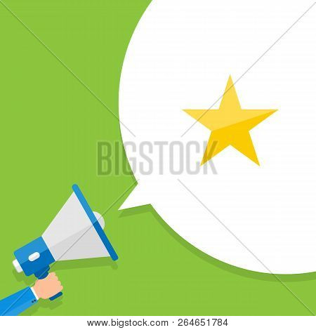 Hand Of Businessman Or Manager Announce Star Rating By Megaphone. Advertising Through Loudspeaker