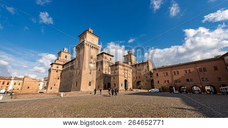 Ferrara, Italy, Feb 14, 2018: Estense Castle Or Castle Of San Michele (1385) Is A Moated Medieval Ca